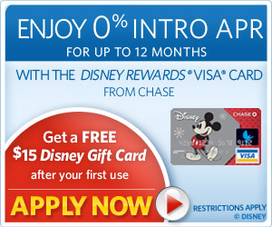 Enjoy 0% introductory APR for up to 12 months with the Disney Rewards(R) Visa (R) Card from Chase. Get a $15 Disney gift card after your first use. Apply now!