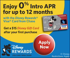 Get the Disney Rewards® Visa® Card from Chase with an introductory 0% APR for up to 12 months!  Apply now and you'll get a $15 Disney Gift Card with your first purchase.